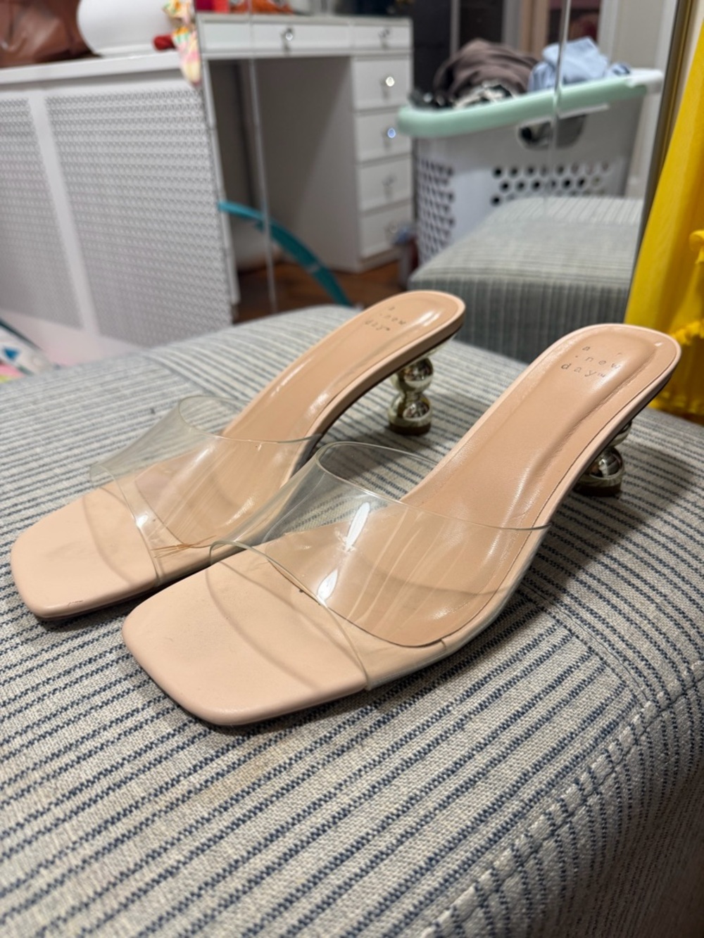 a new day Nude Clear Strap Mules with Sculptural Metallic Heels